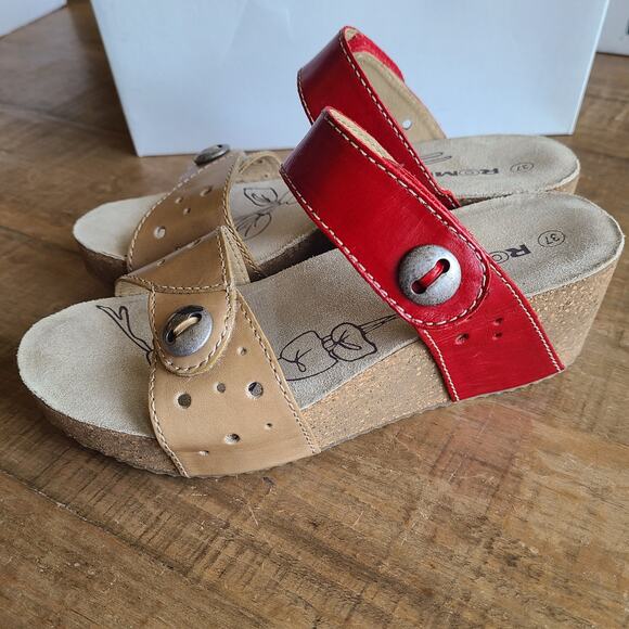 Women's Romika Beach Coral Leather Tan Red Sandal Platform‎ Slip on Sz 37 CORK 6 - Picture 6 of 8